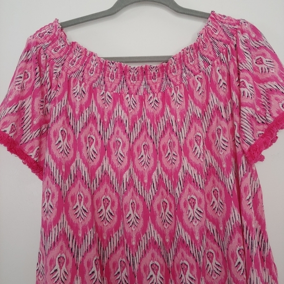 Crown & Ivy Modal Pink Ikat Off The Shoulder Fringe Hem Top 2X Vacation - Picture 4 of 12
